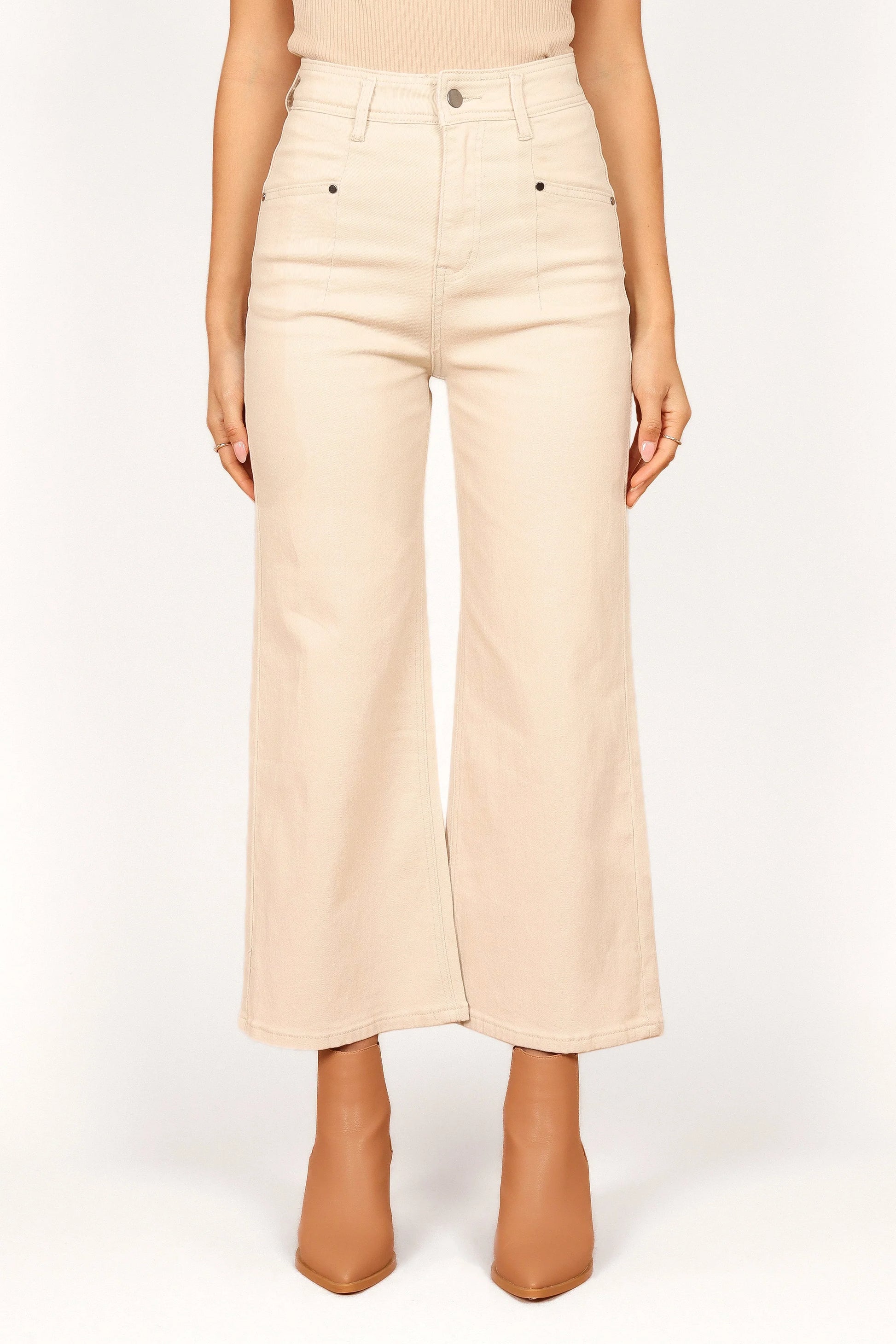 Georgette High Waisted Straight Leg Pants - Beige