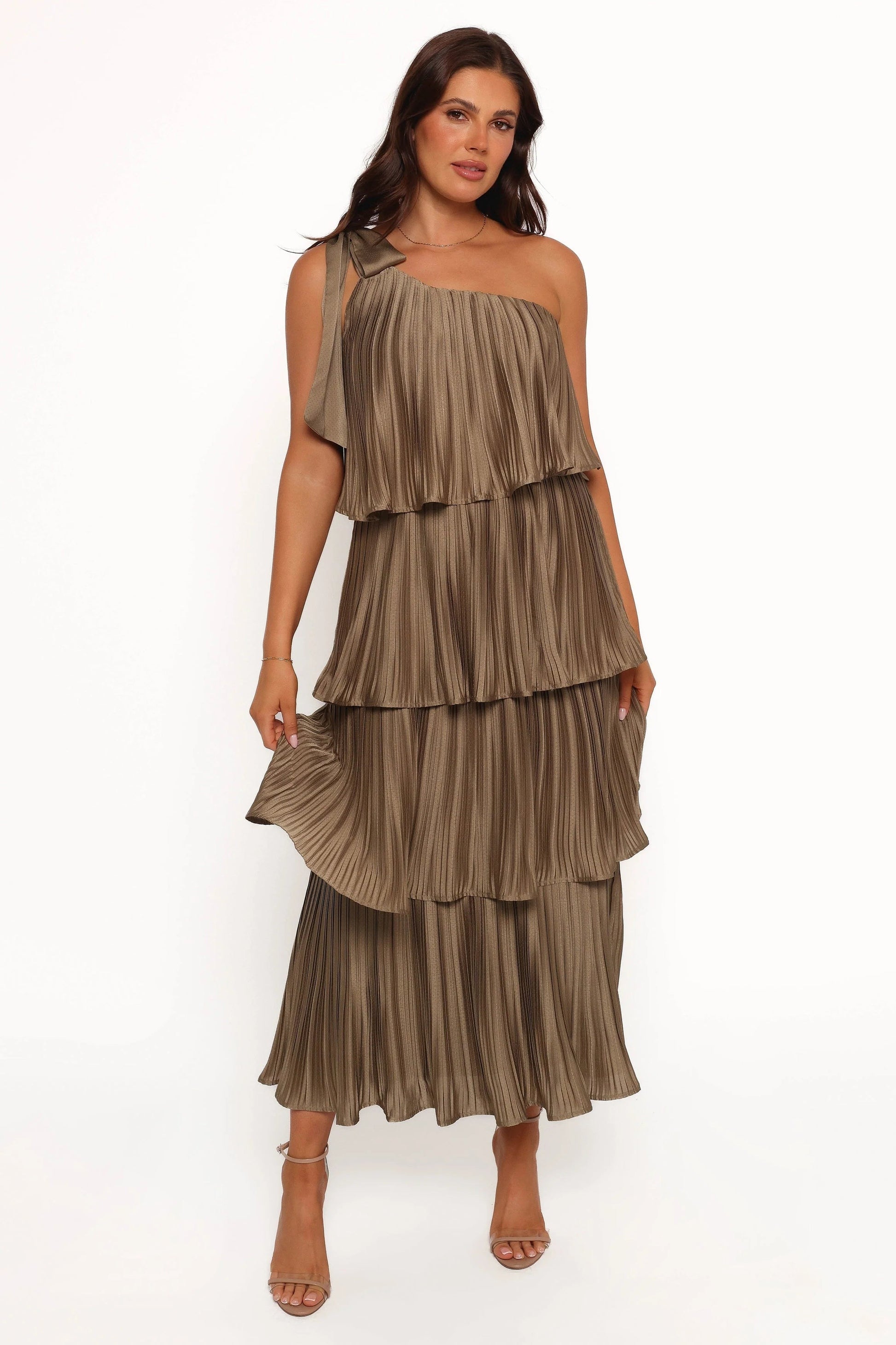 Asymmetrical Plissé Tier Midi Dress