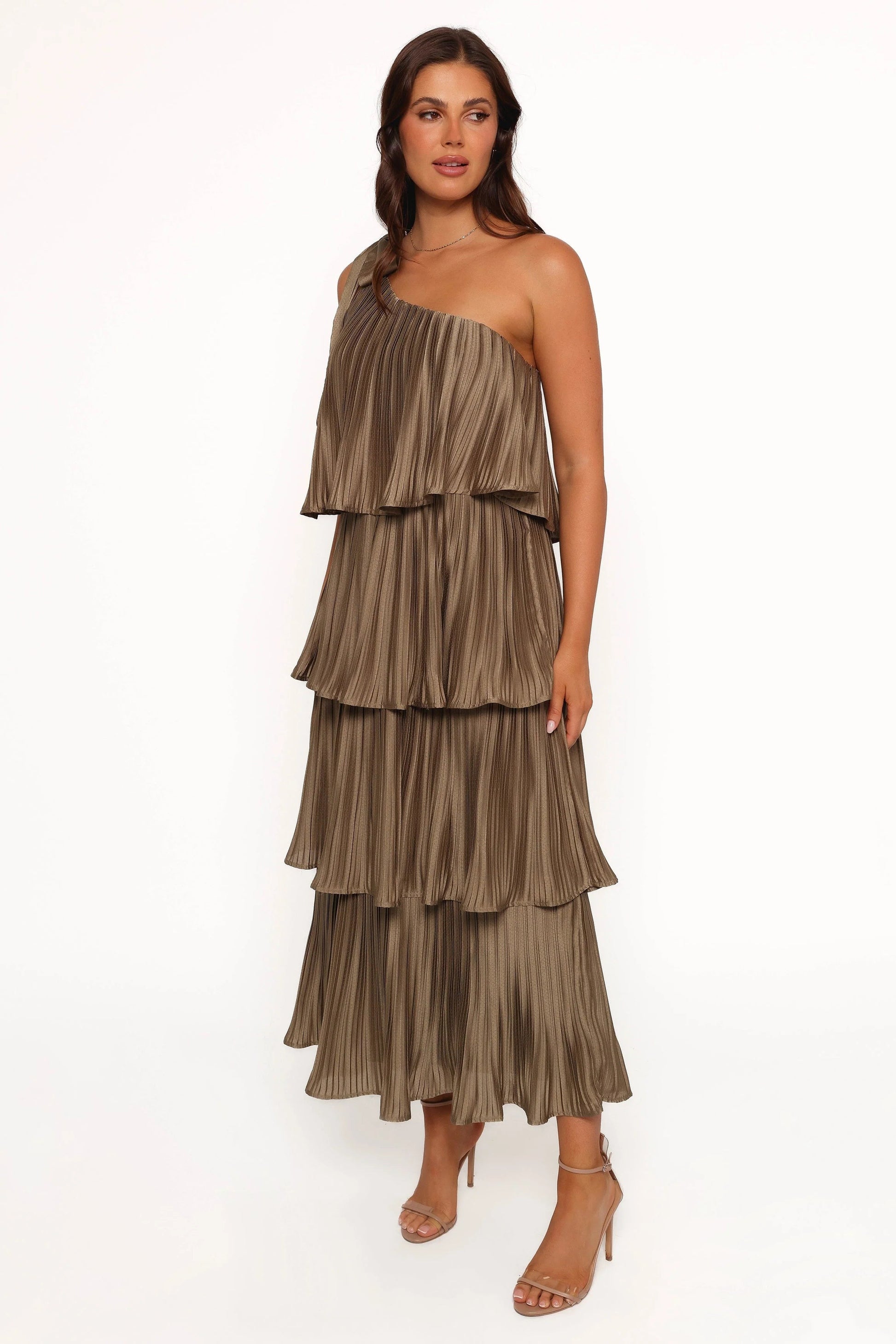 Asymmetrical Plissé Tier Midi Dress