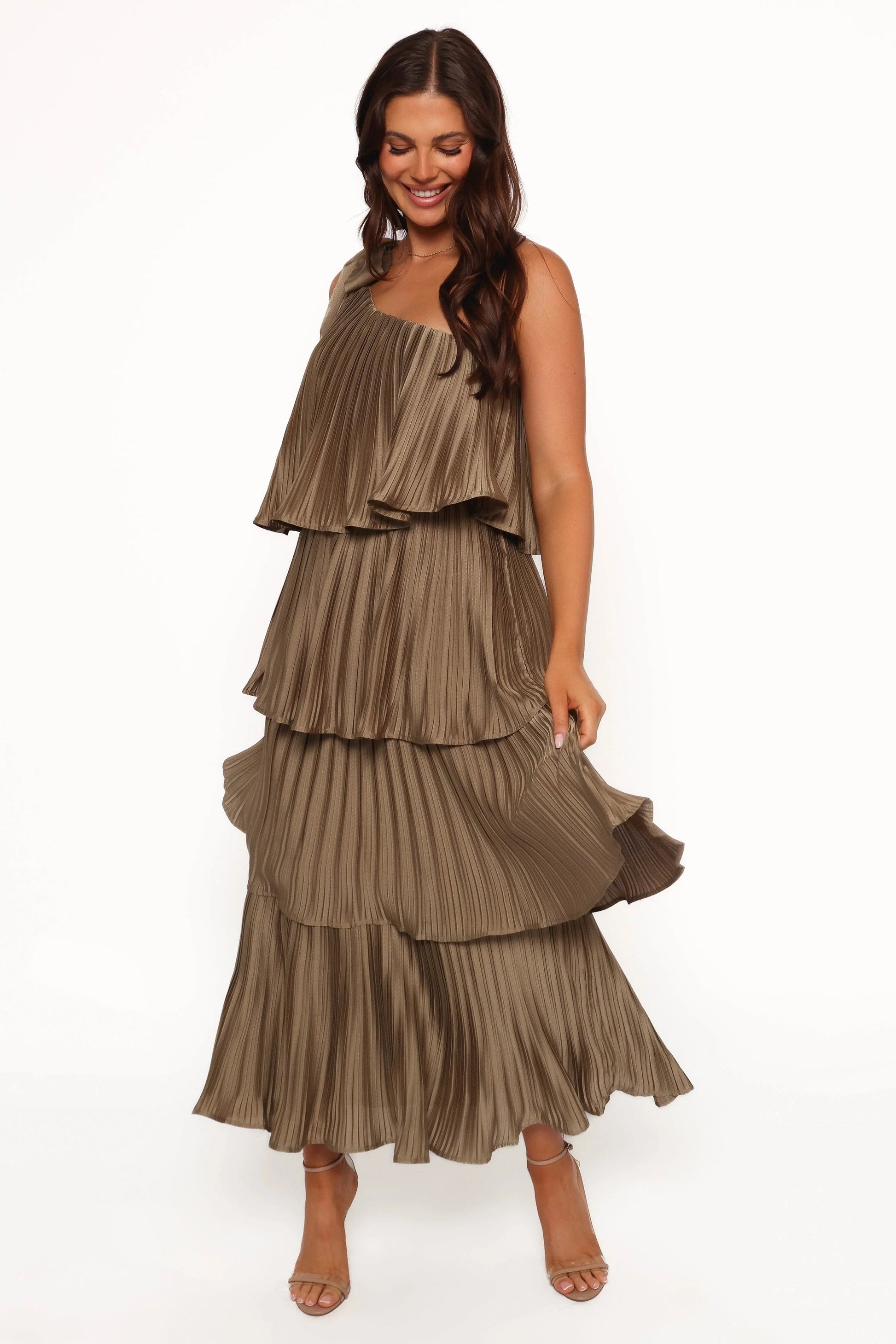 Asymmetrical Plissé Tier Midi Dress