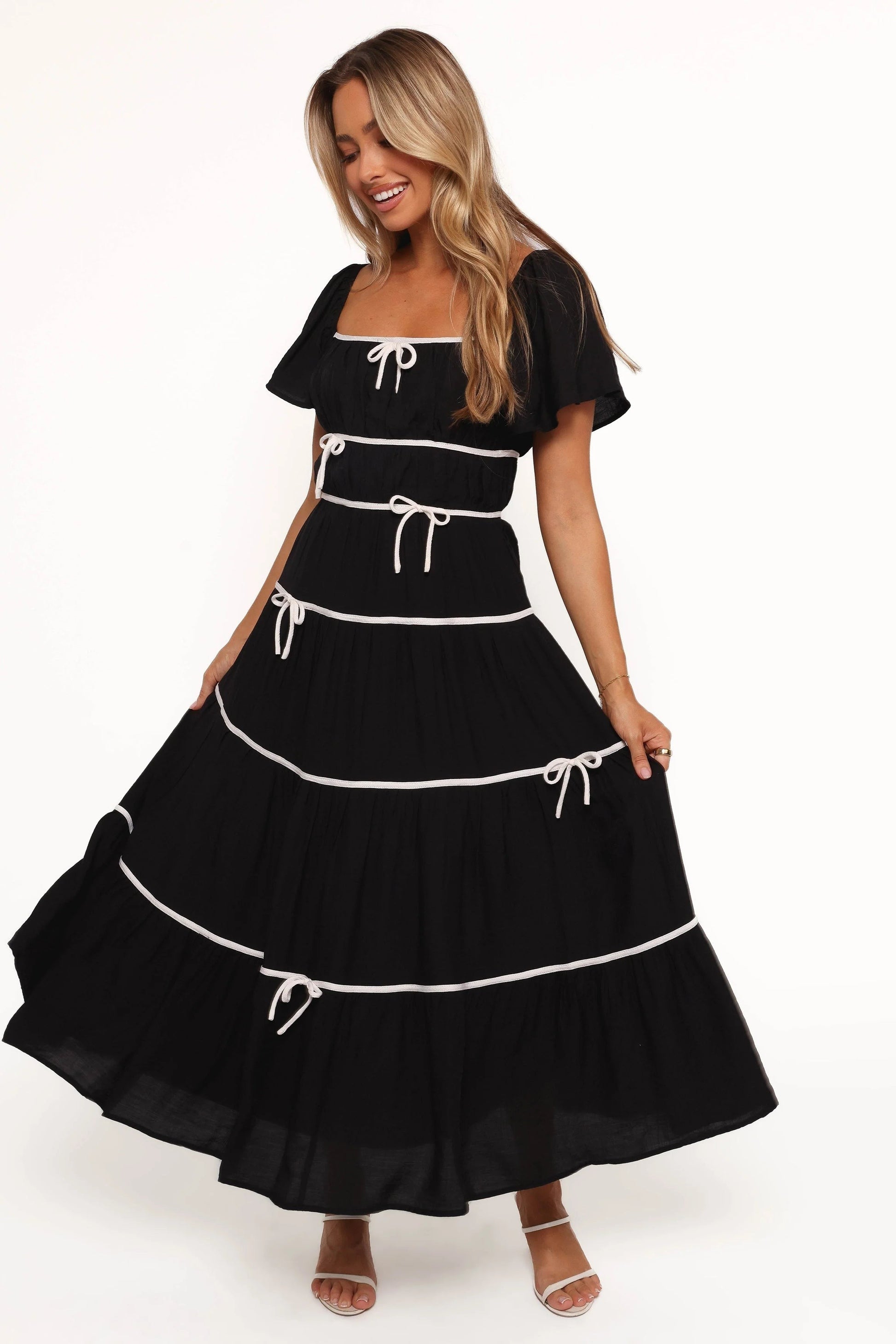 Bow-Detail Square-Neck Maxi Dress