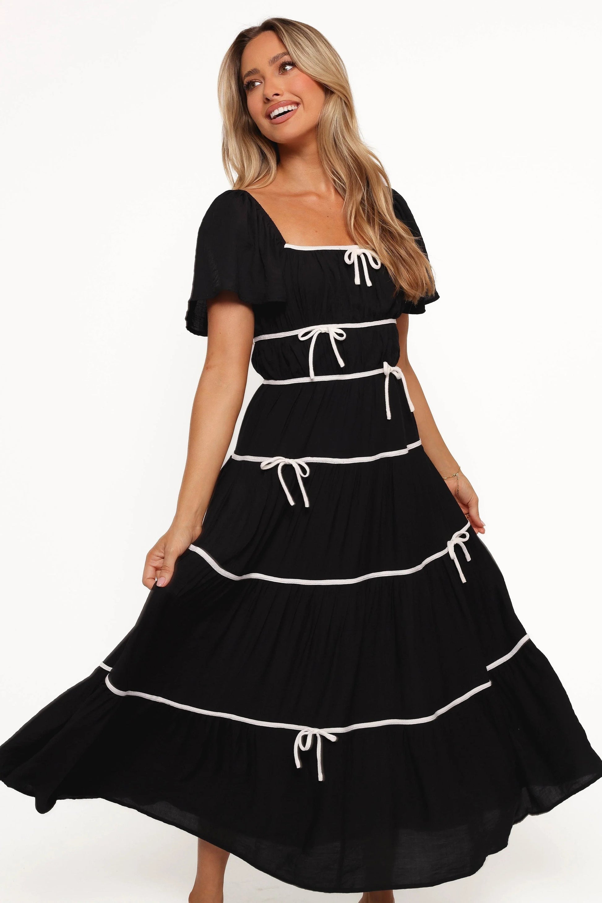 Bow-Detail Square-Neck Maxi Dress
