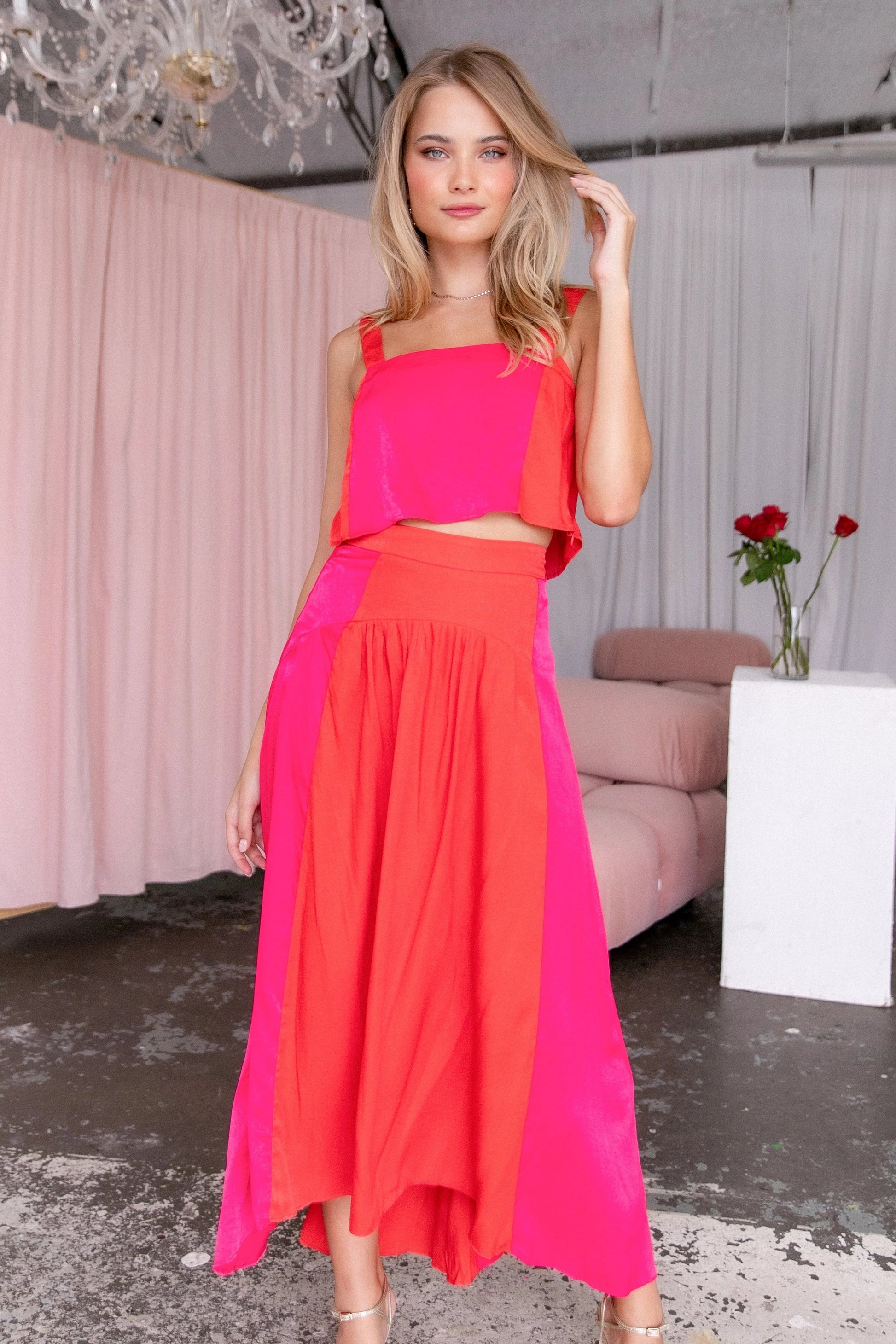 Colorblock Crop & High-Low Skirt Set