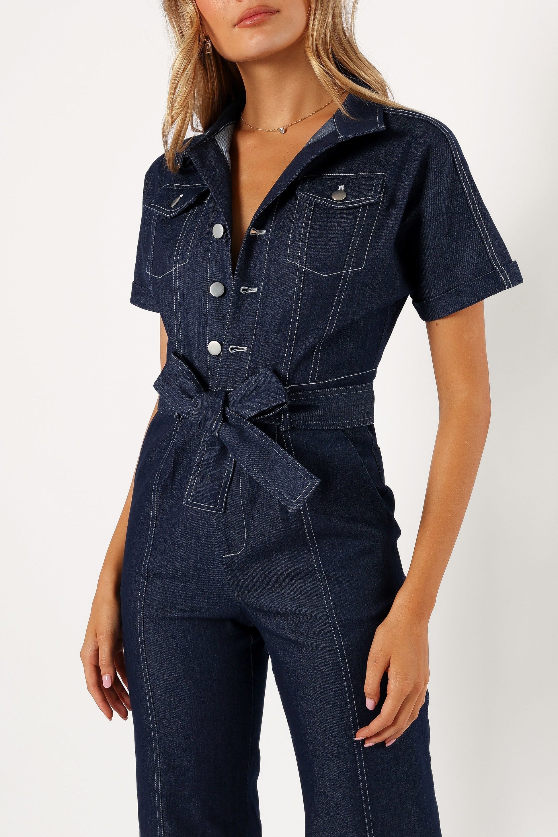 Denim Utility Button-Front Jumpsuit