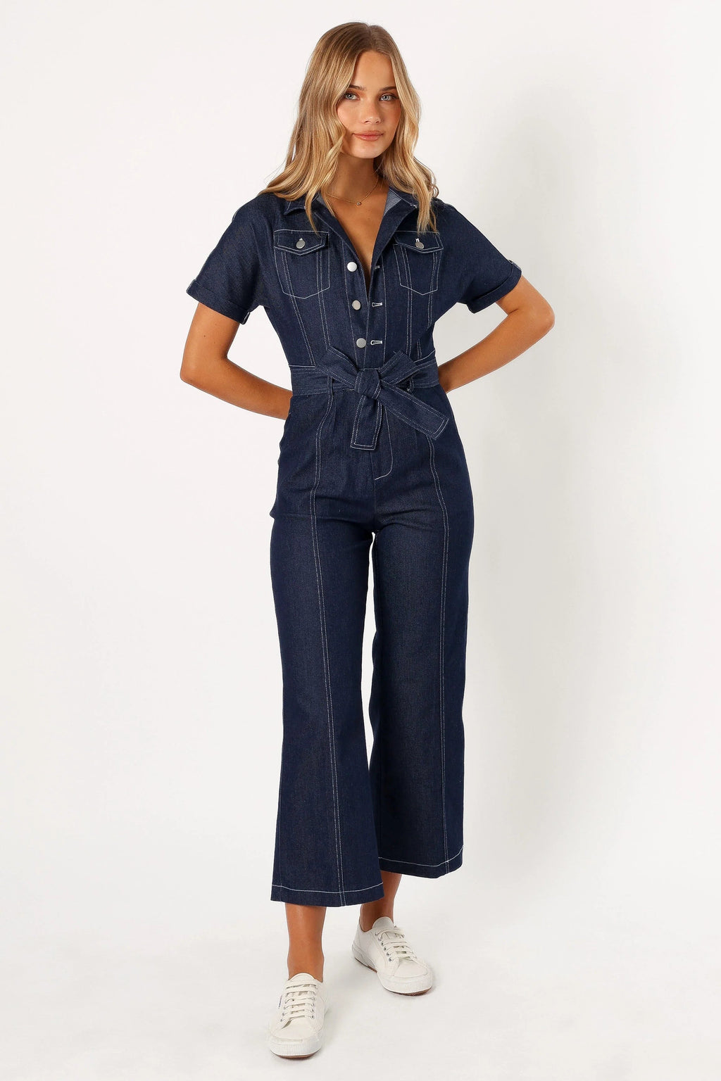 Denim Utility Button-Front Jumpsuit