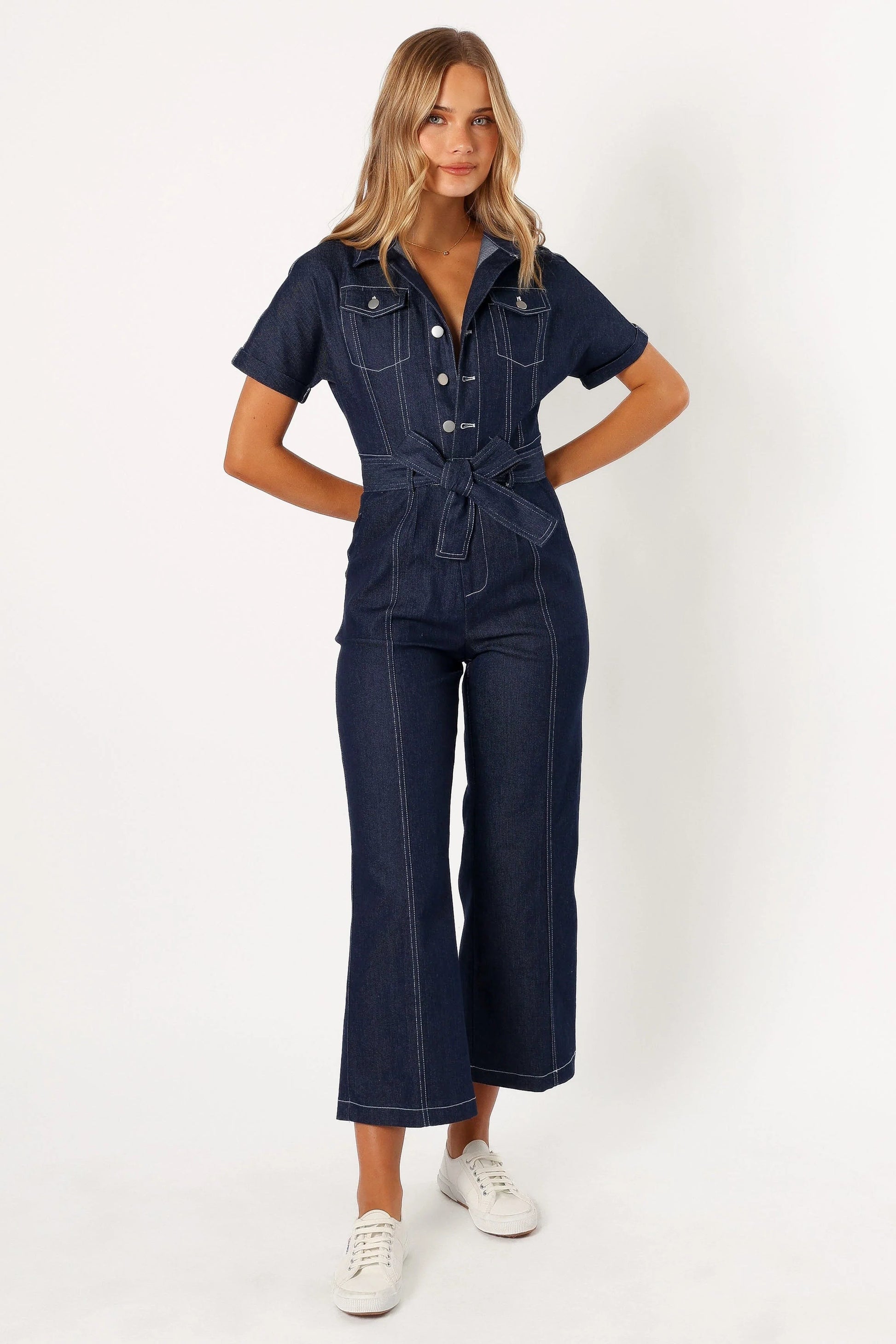 Denim Utility Button-Front Jumpsuit