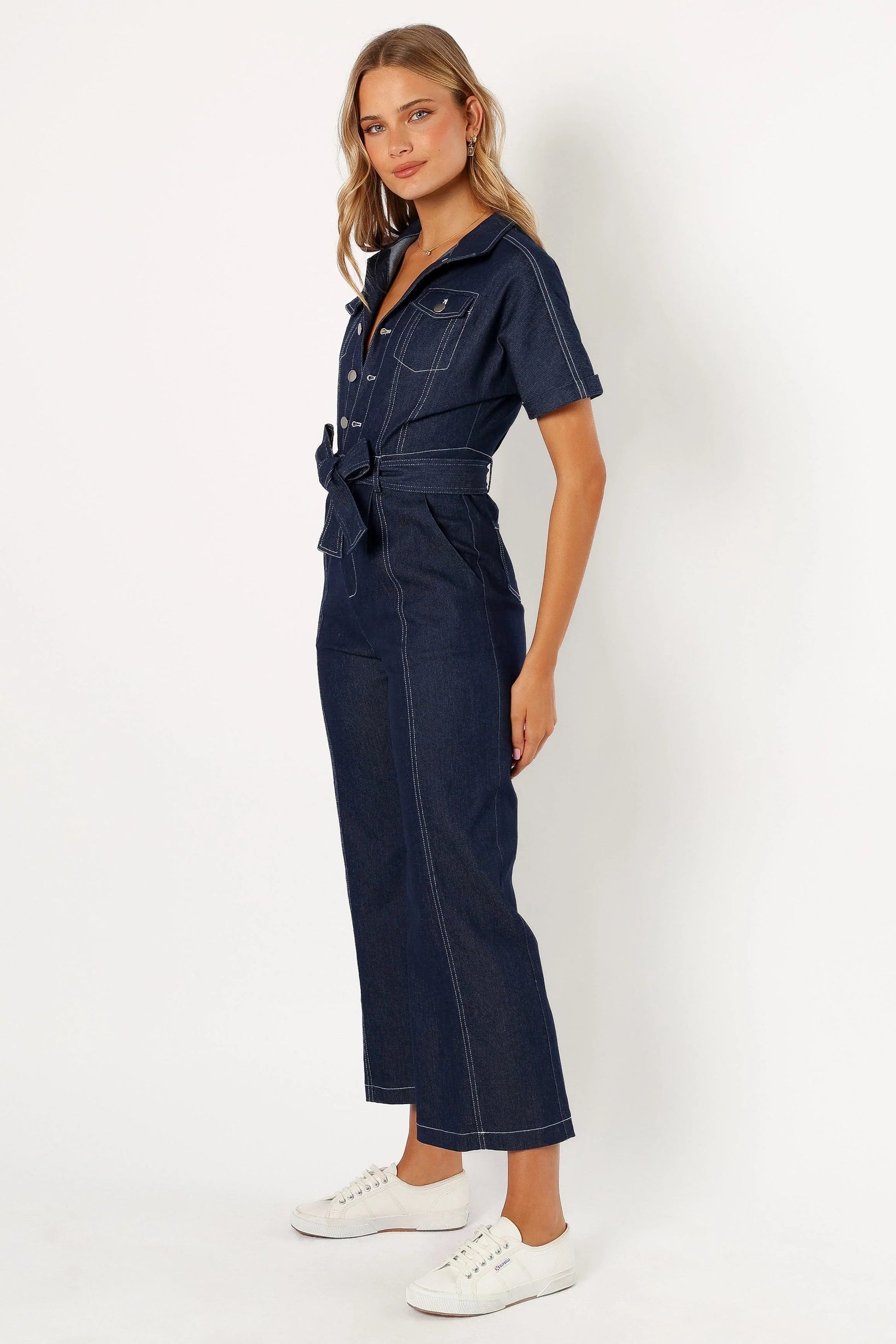 Denim Utility Button-Front Jumpsuit