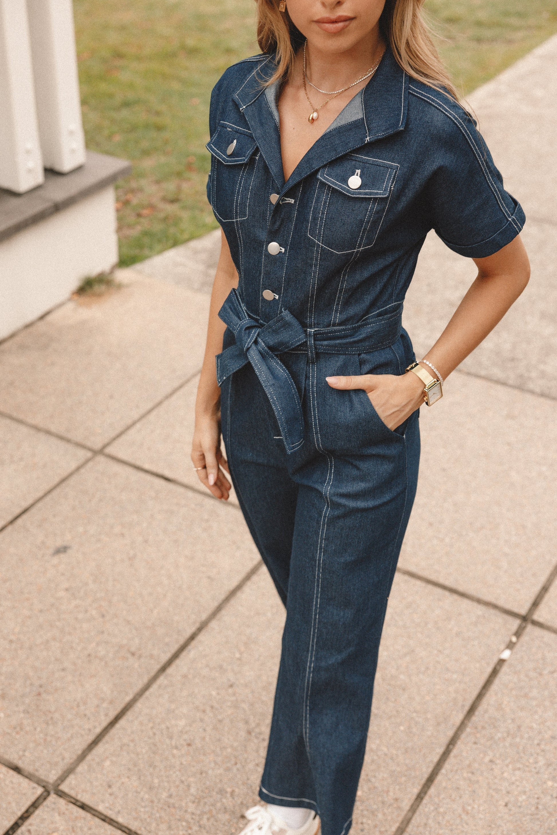 Denim Utility Button-Front Jumpsuit