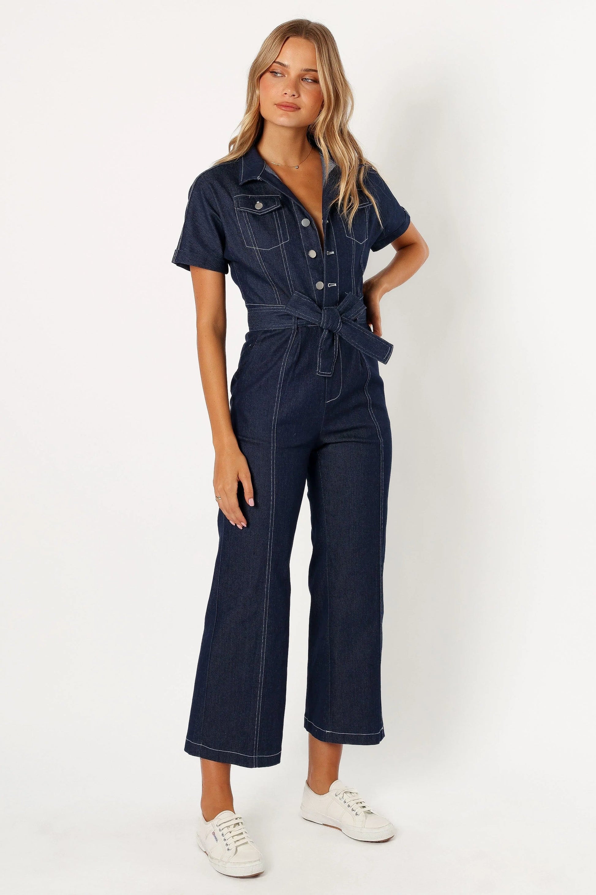 Denim Utility Button-Front Jumpsuit
