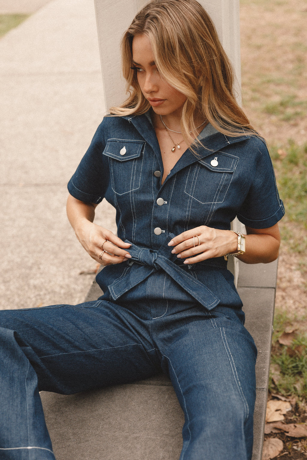 Denim Utility Button-Front Jumpsuit