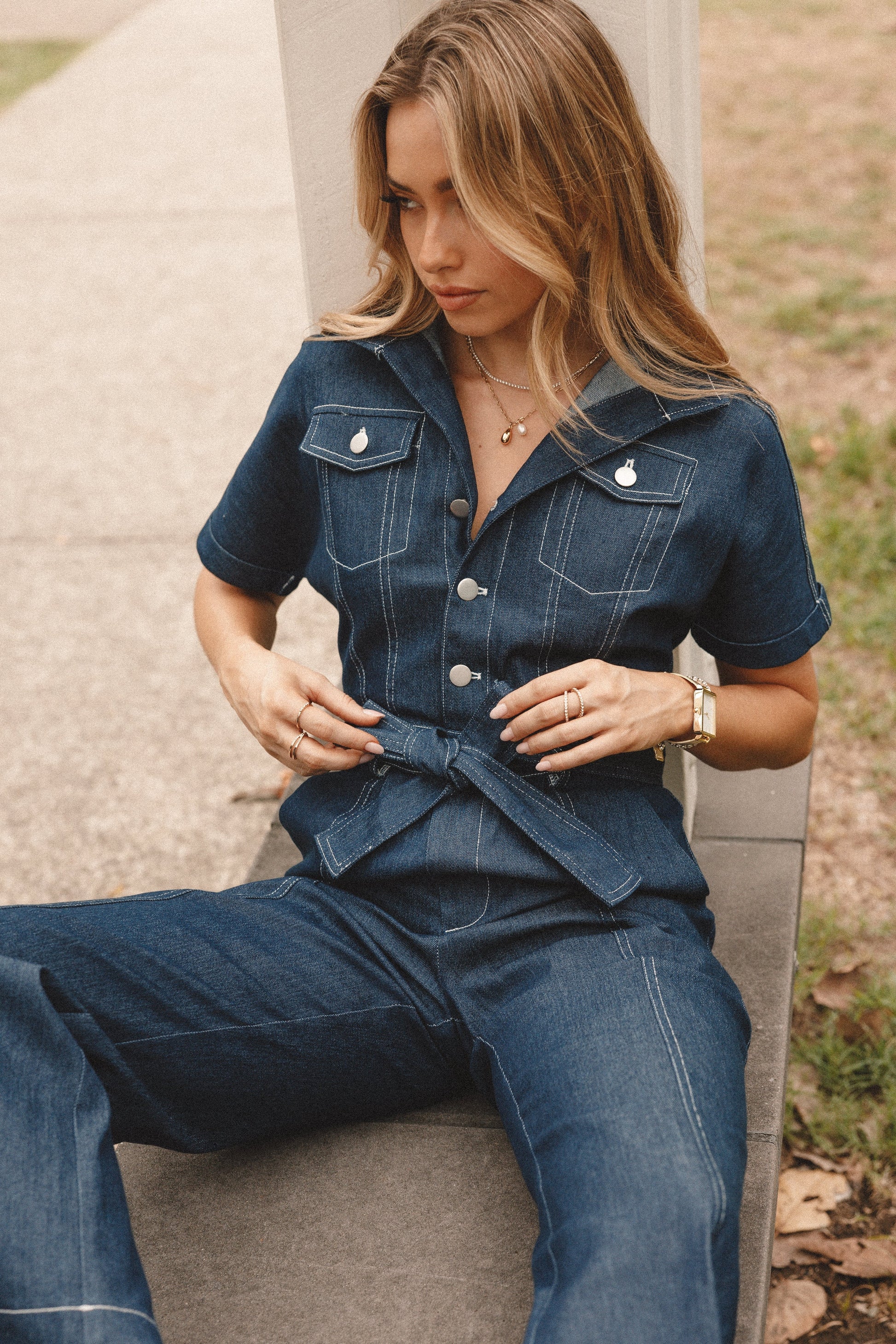 Denim Utility Button-Front Jumpsuit