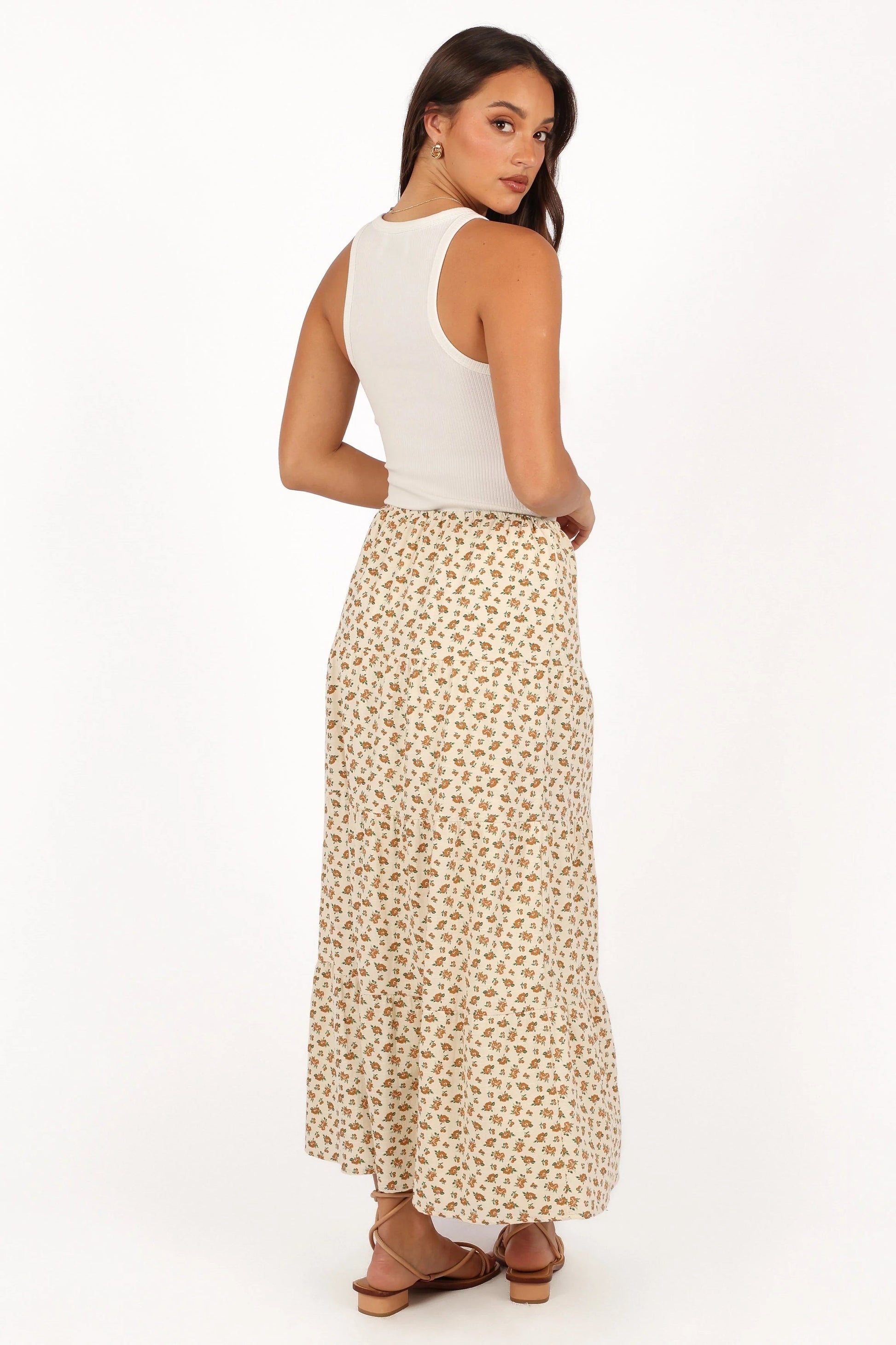 Elastic-Waist Floral Tiered Maxi Skirt