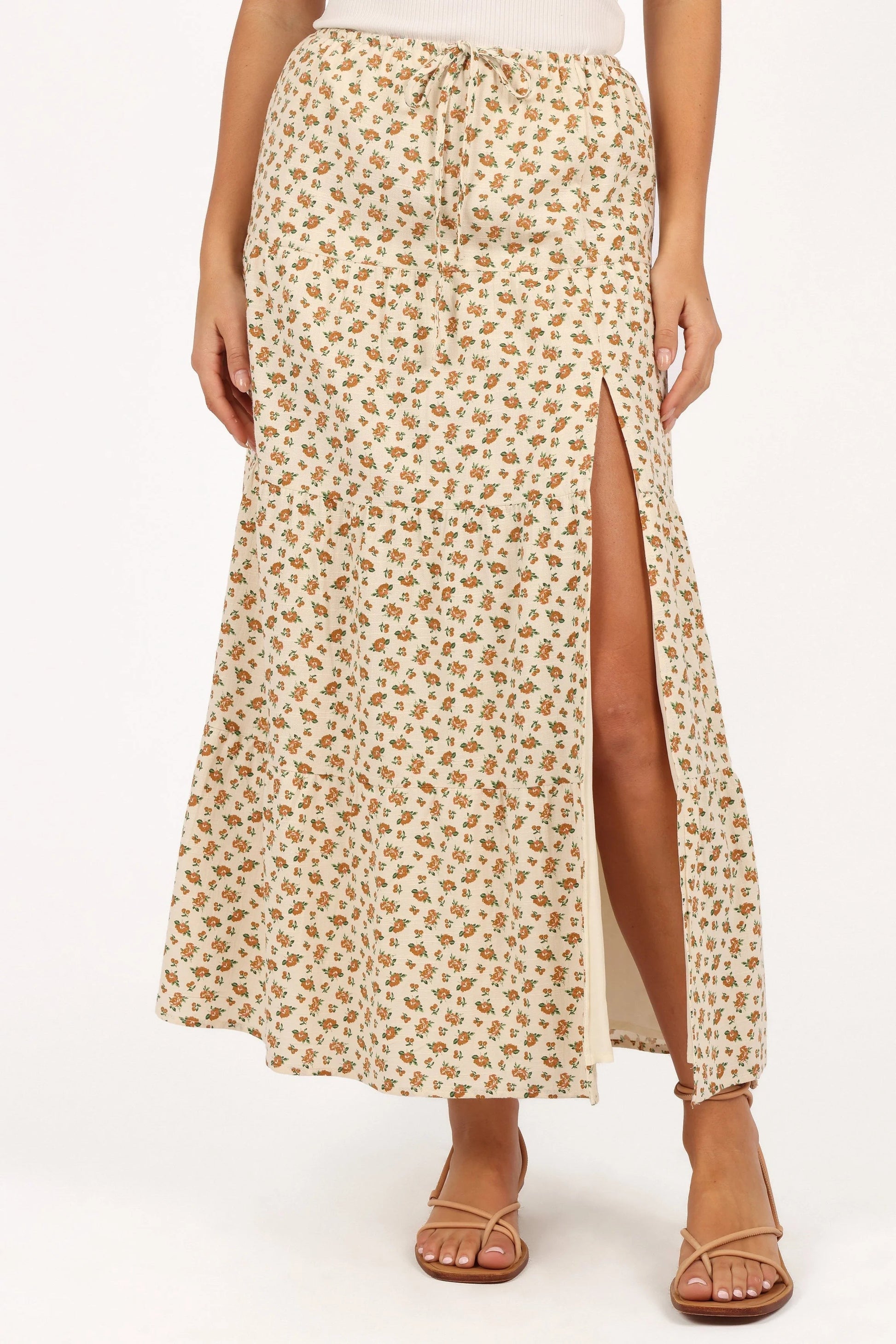 Elastic-Waist Floral Tiered Maxi Skirt