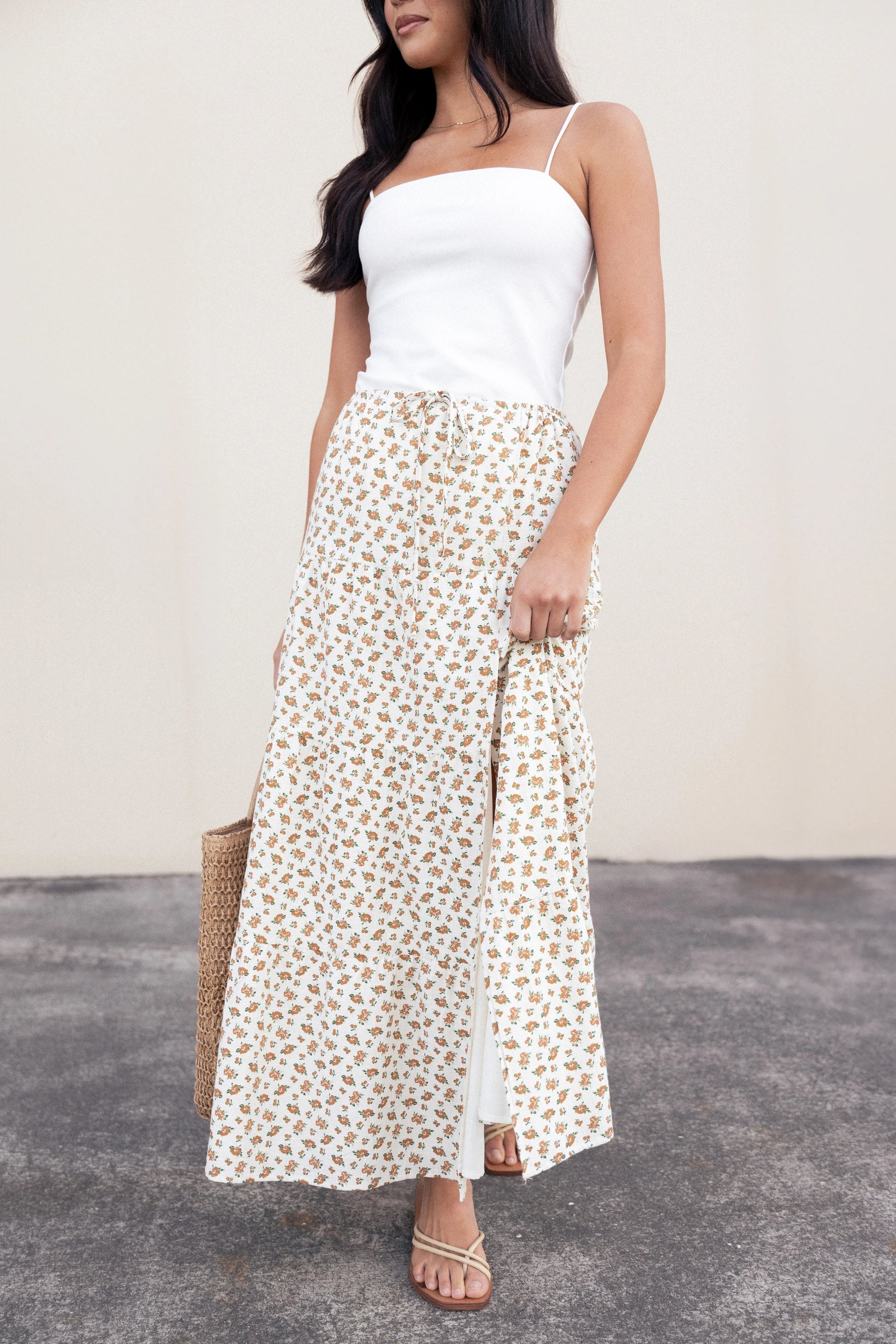 Elastic-Waist Floral Tiered Maxi Skirt