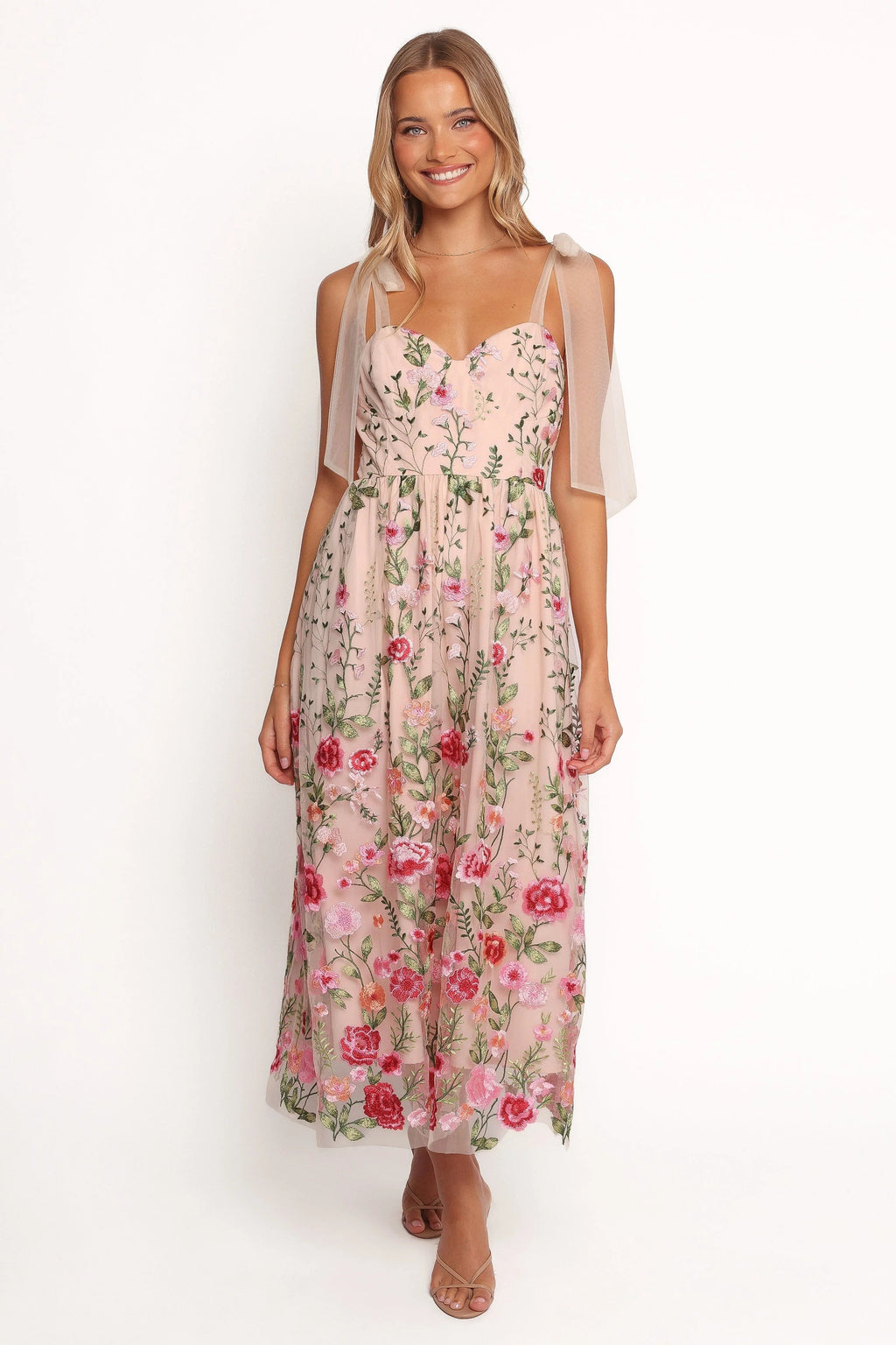 Embroidered Floral Sweetheart Midi Dress