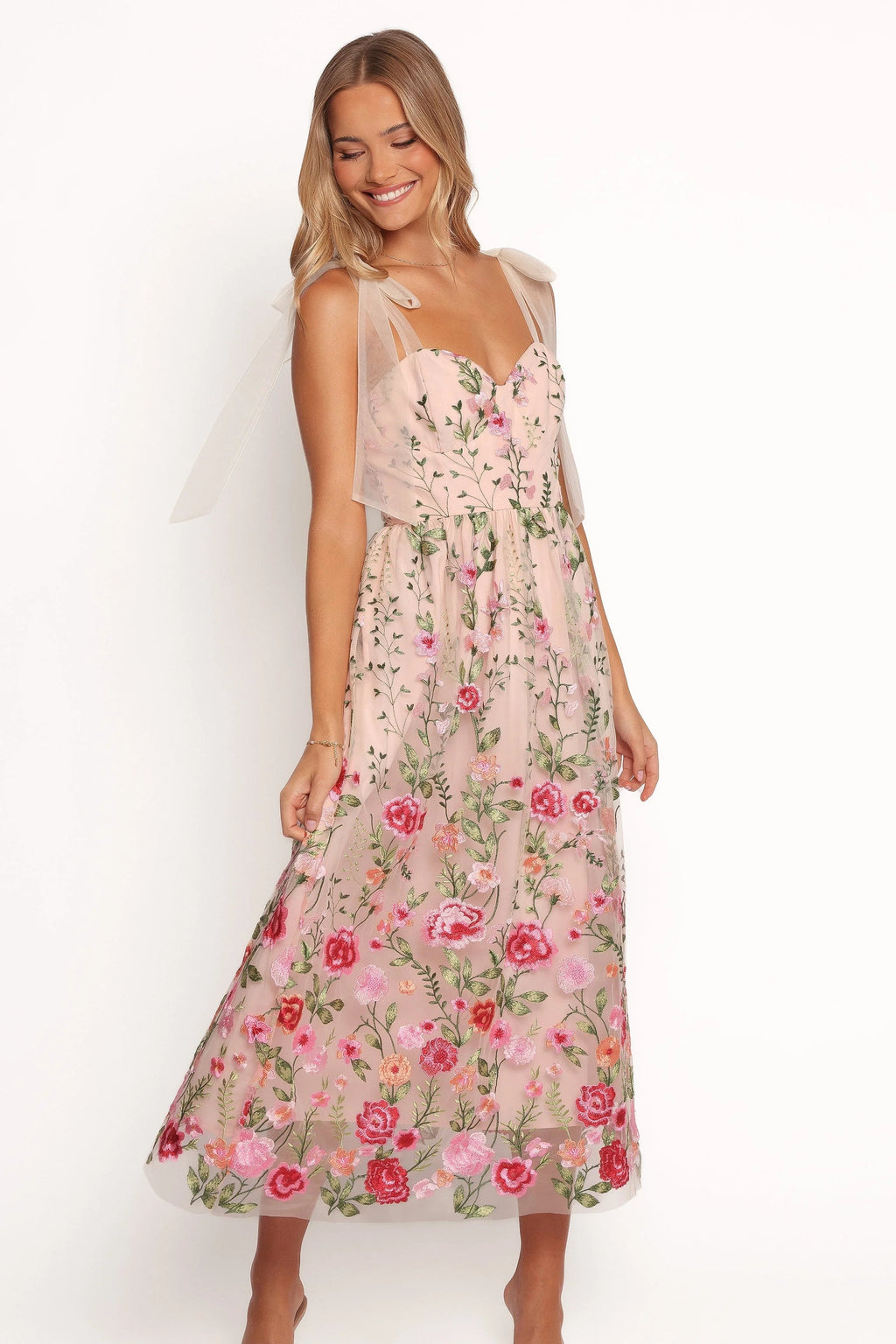 Embroidered Floral Sweetheart Midi Dress
