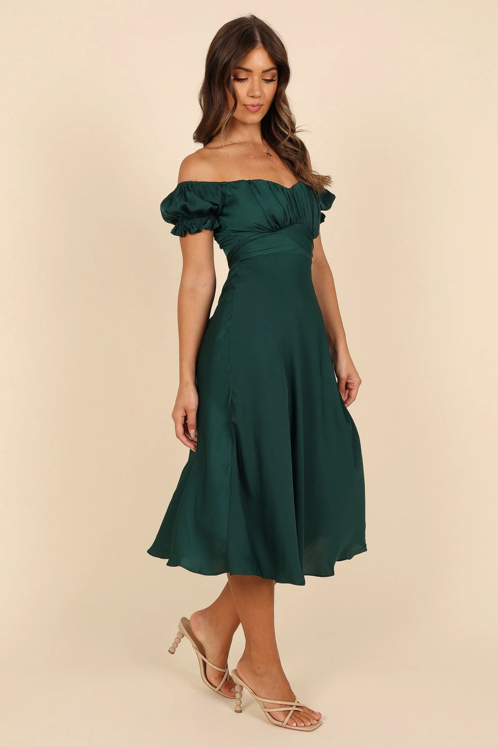 Off-Shoulder Sweetheart Frill Midi Dress