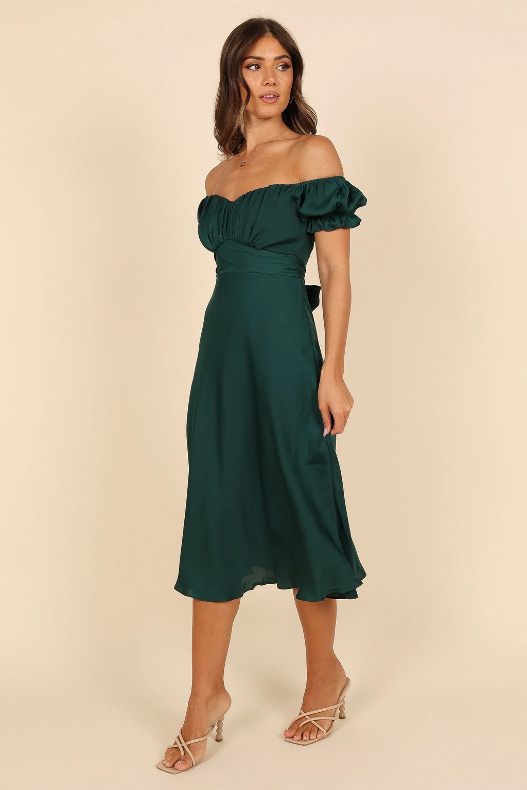 Off-Shoulder Sweetheart Frill Midi Dress