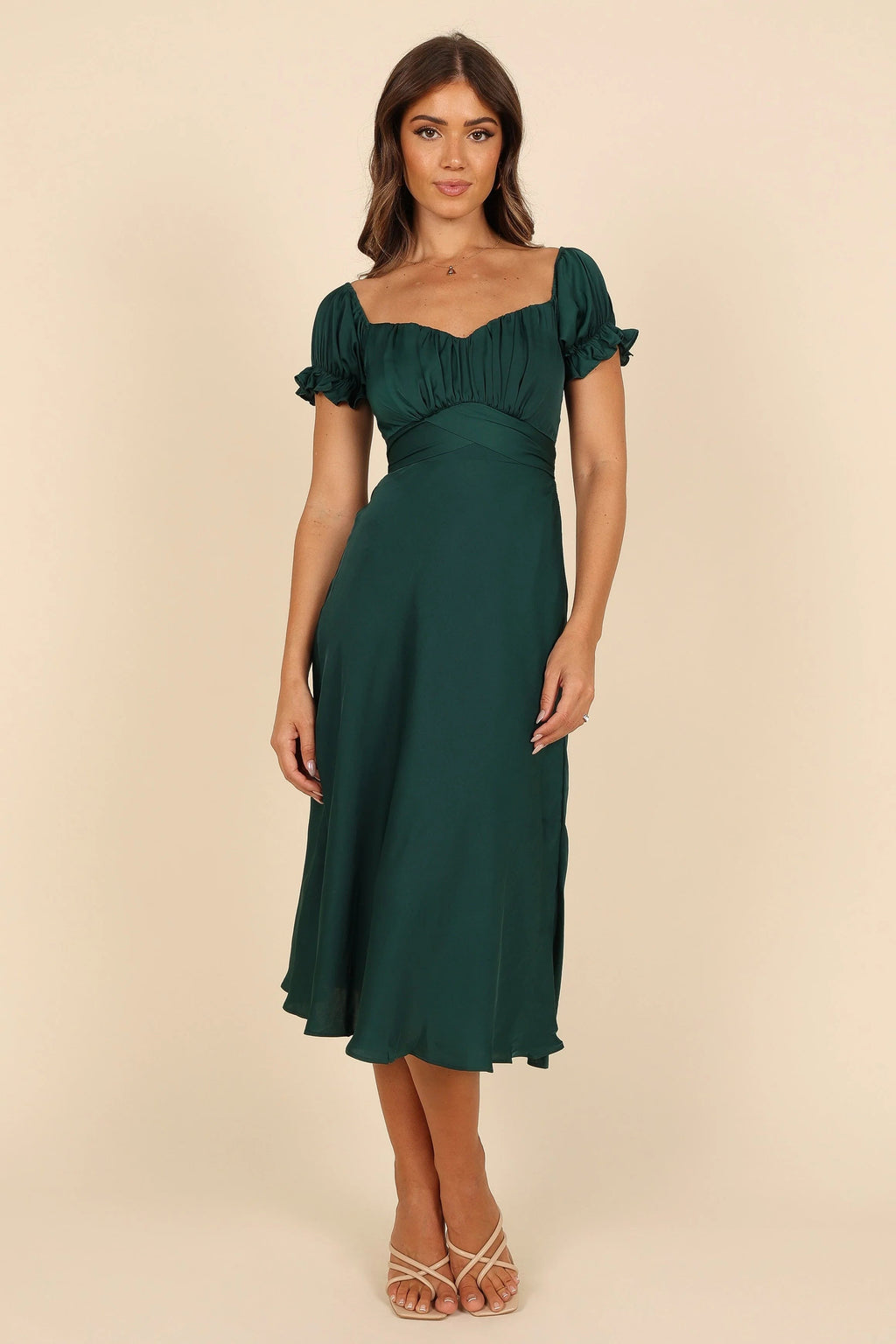 Off-Shoulder Sweetheart Frill Midi Dress