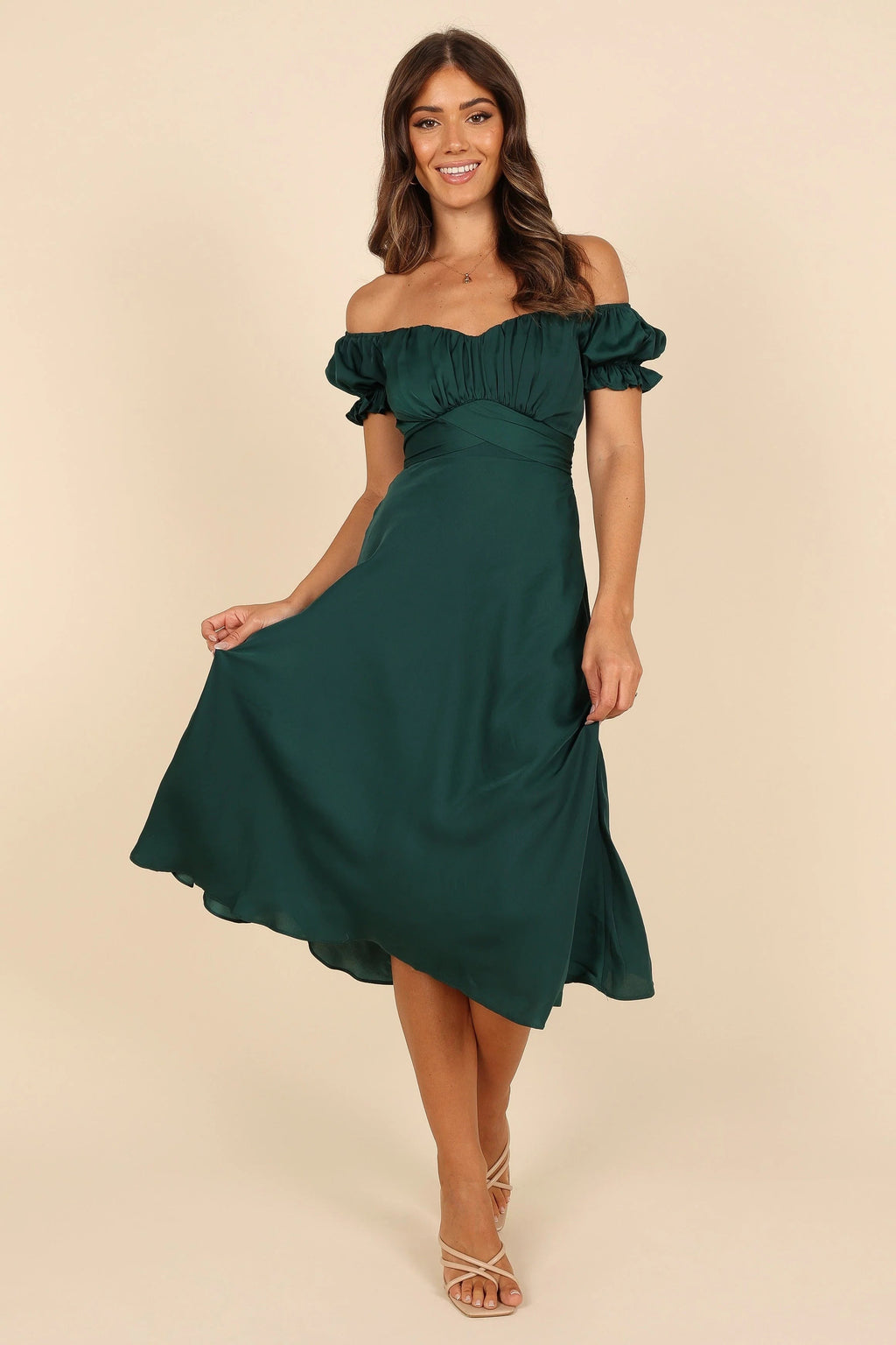 Off-Shoulder Sweetheart Frill Midi Dress
