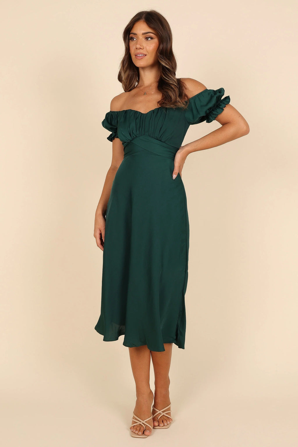 Off-Shoulder Sweetheart Frill Midi Dress
