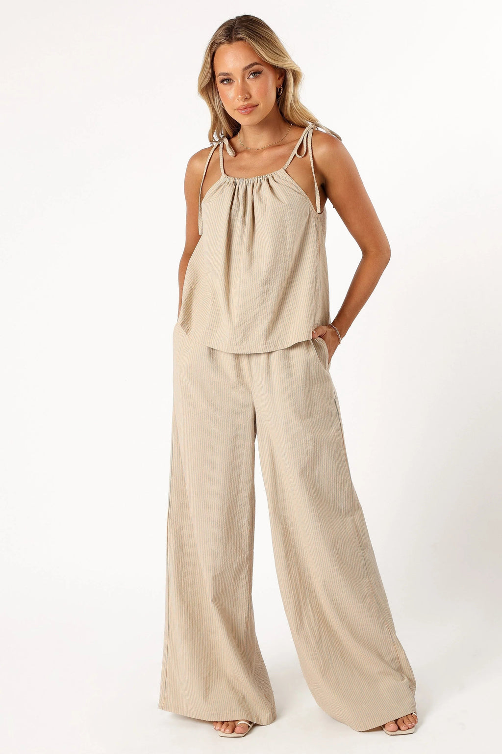 Pinstripe Square-Neck Tie-Strap Top