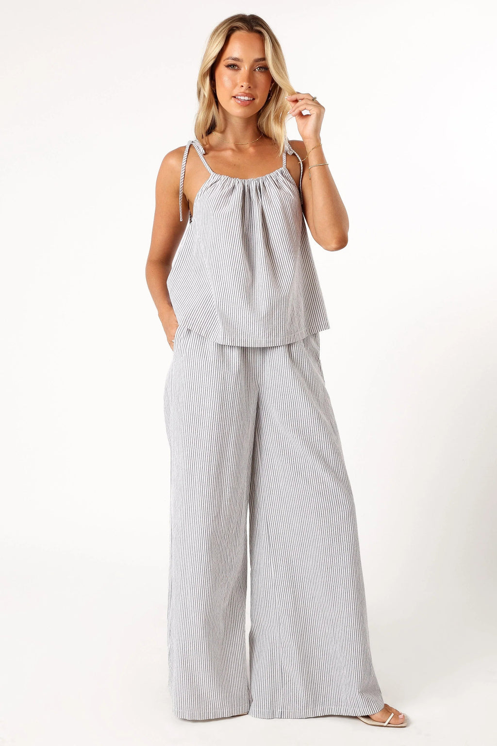 Pinstripe Square-Neck Tie-Strap Top