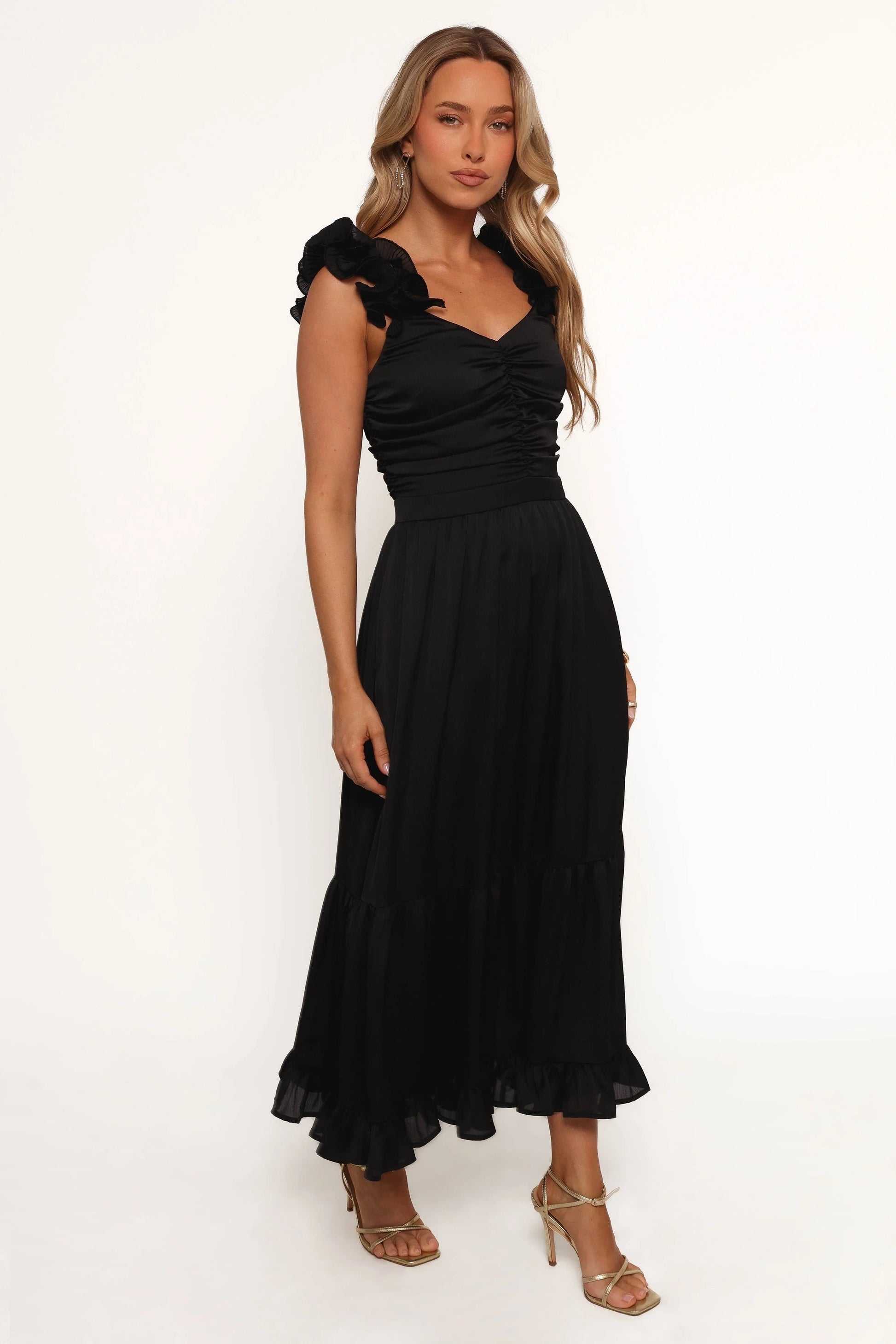 Ruffled-Hem V-Neck Midi Dress