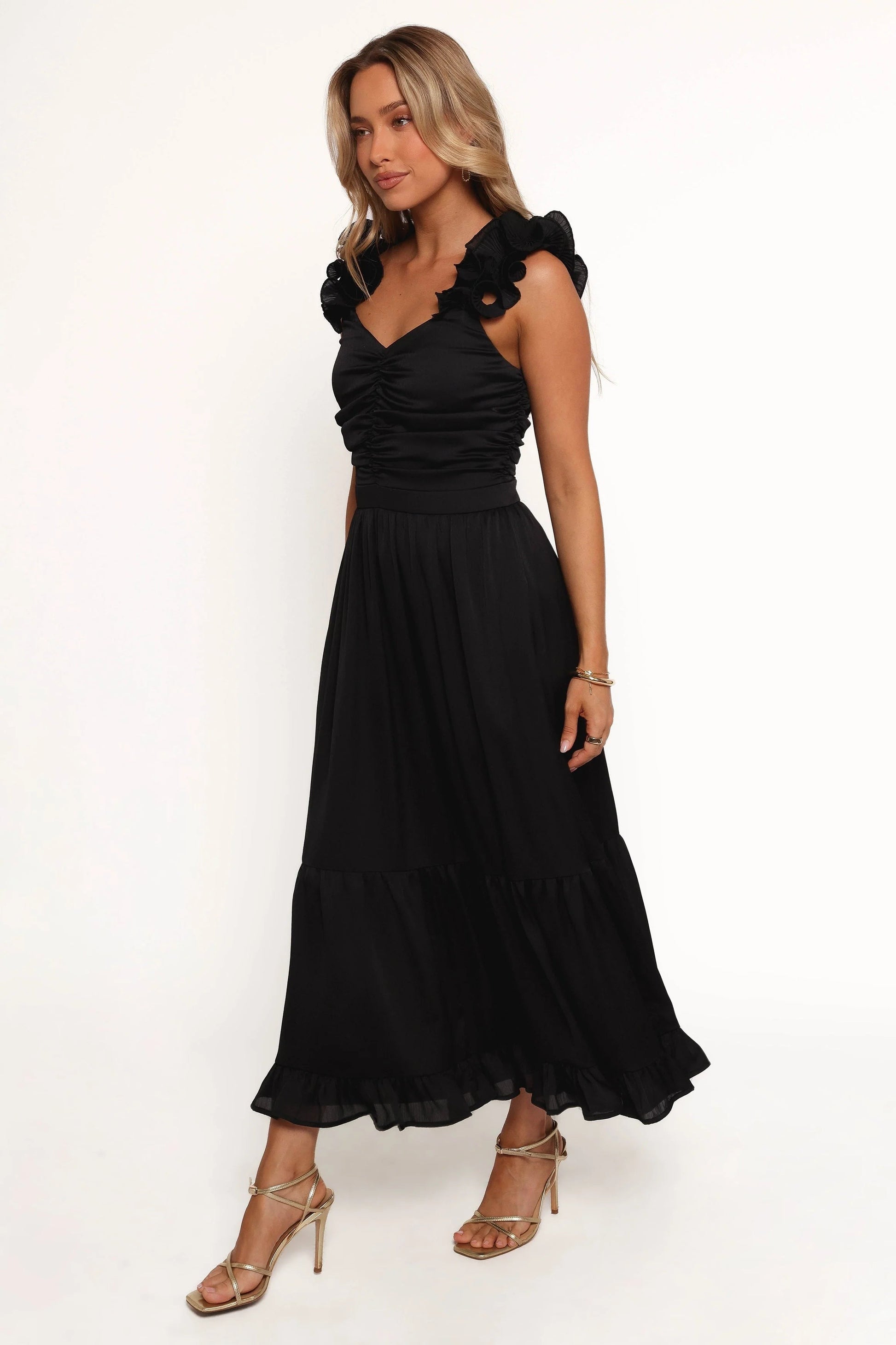 Ruffled-Hem V-Neck Midi Dress