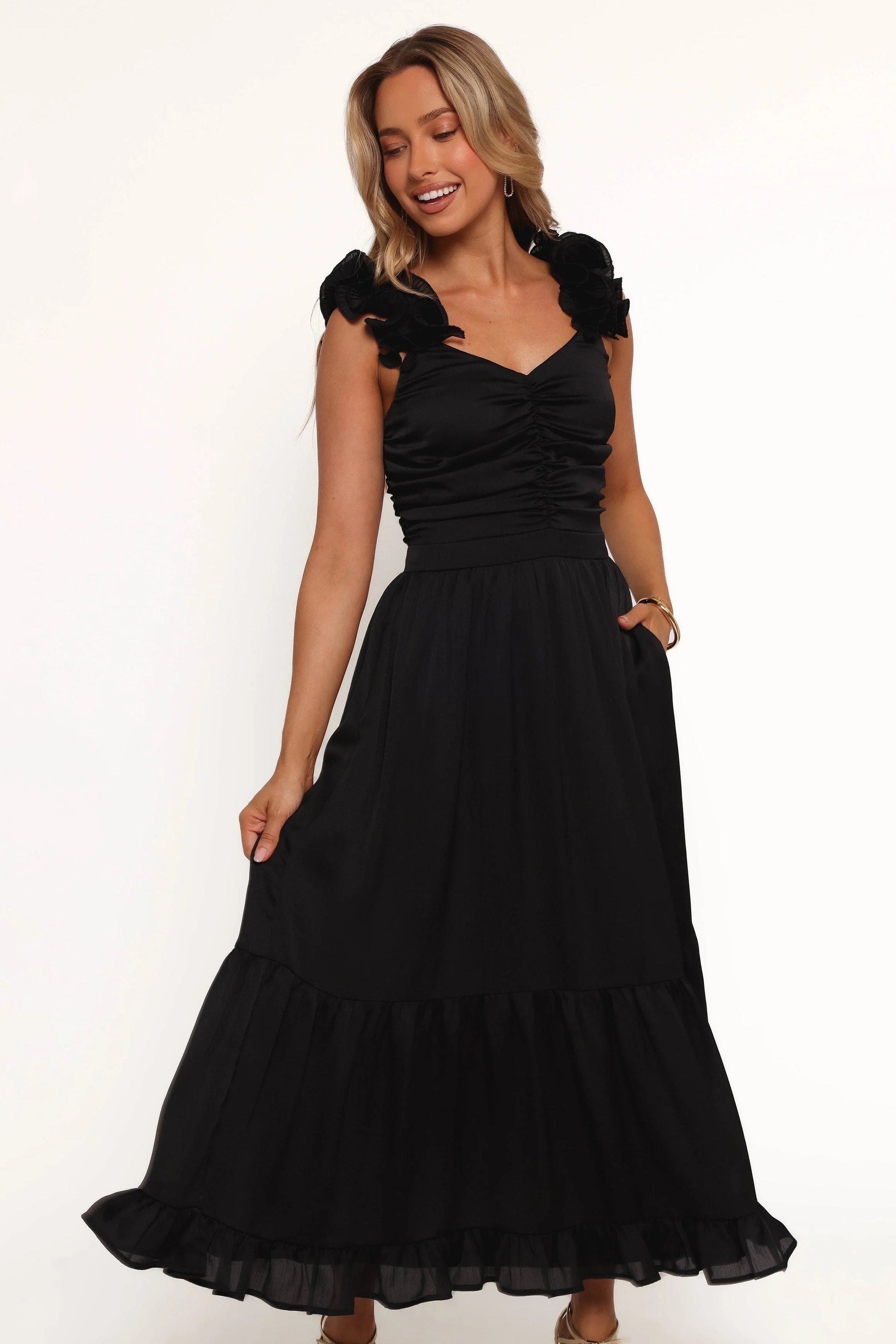 Ruffled-Hem V-Neck Midi Dress