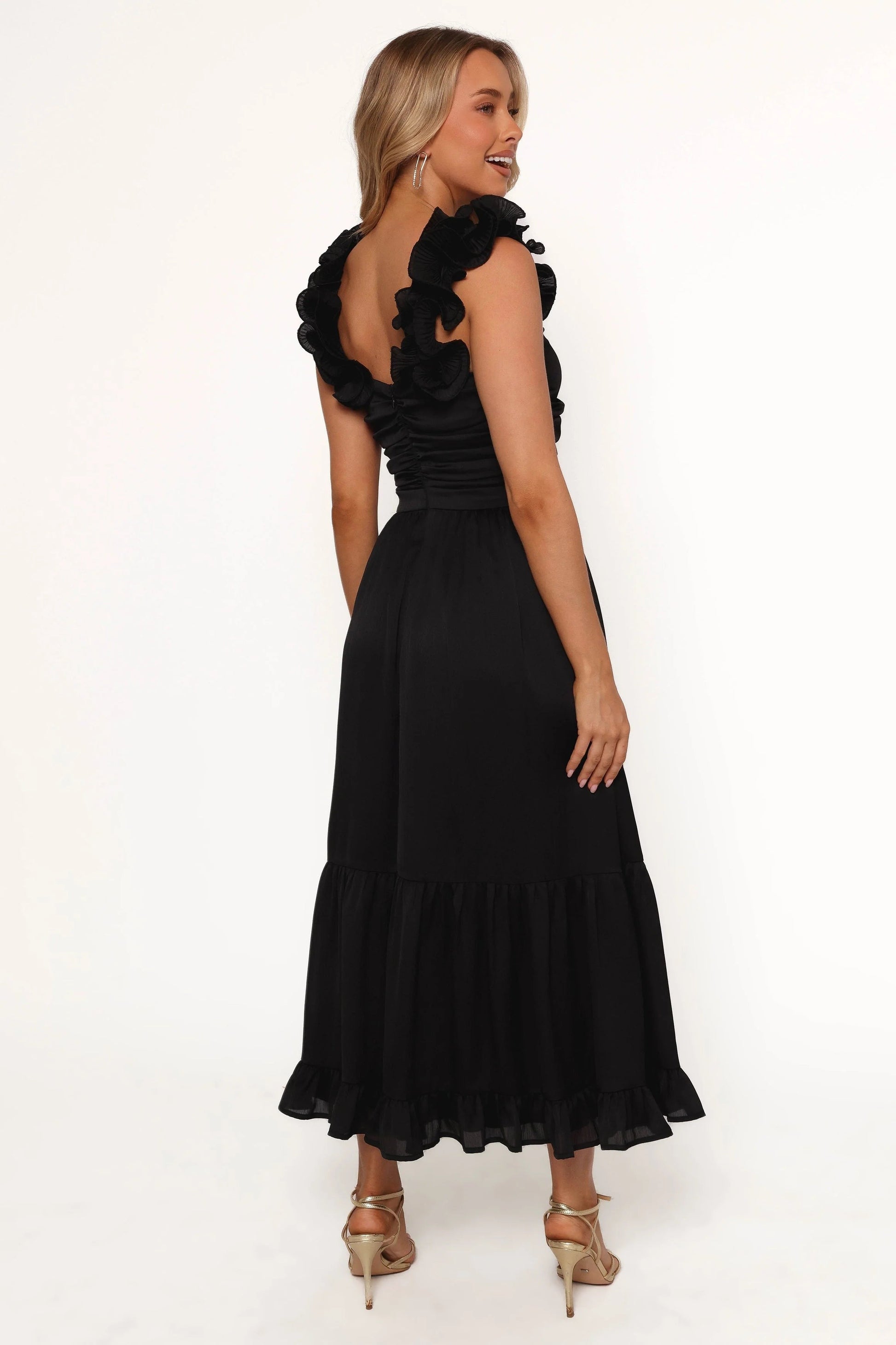 Ruffled-Hem V-Neck Midi Dress