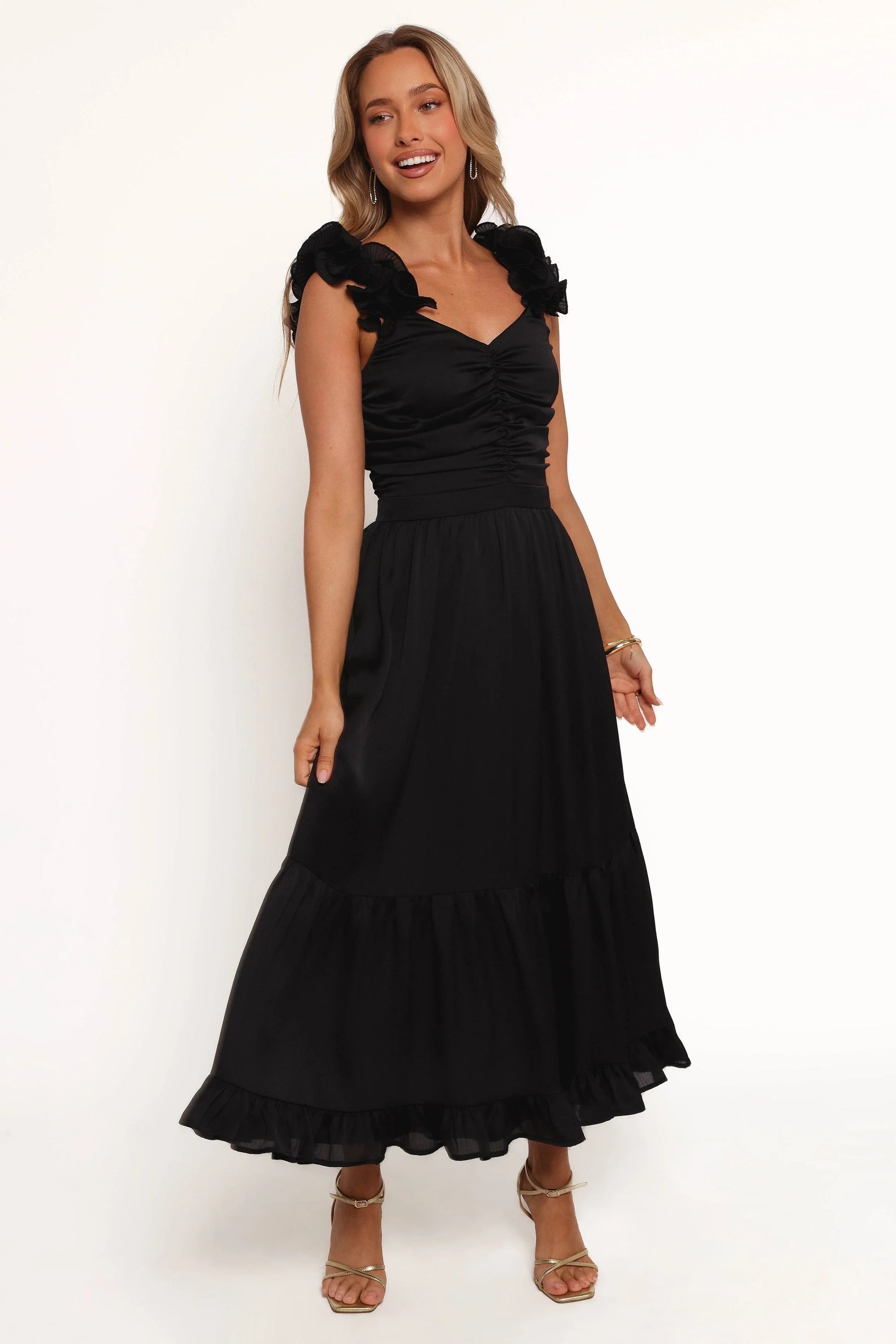Ruffled-Hem V-Neck Midi Dress