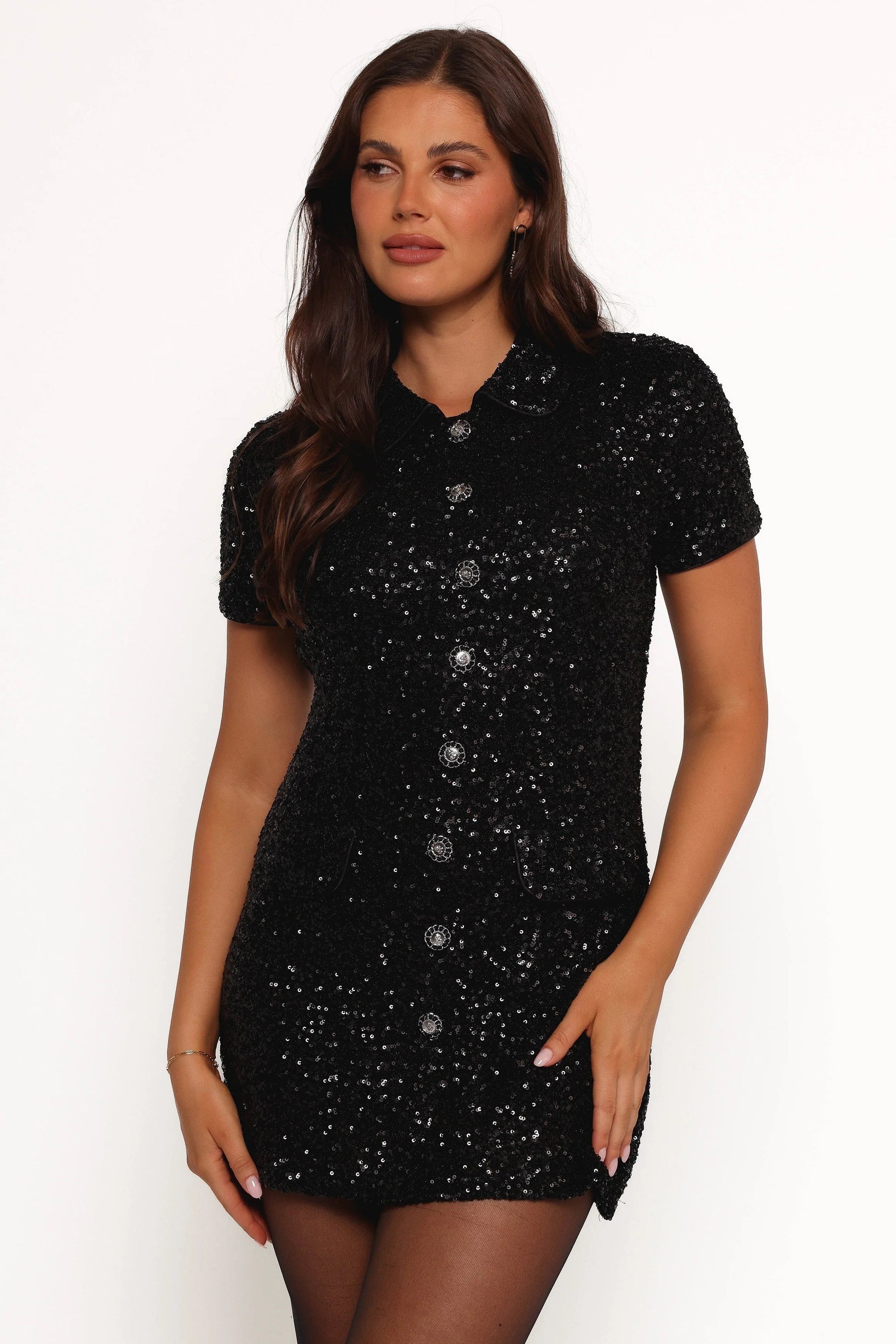 Sequin-Accented Collared Mini Dress