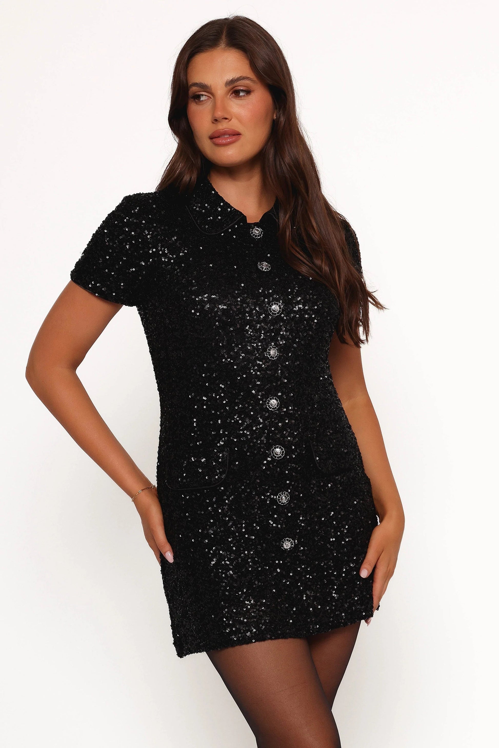 Sequin-Accented Collared Mini Dress