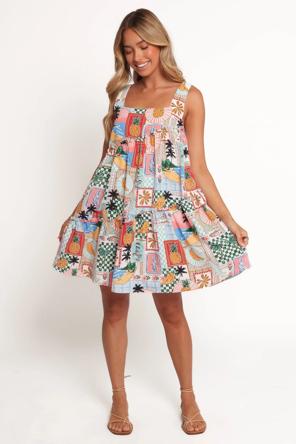 Square-Neck Tropical Print Mini Dress