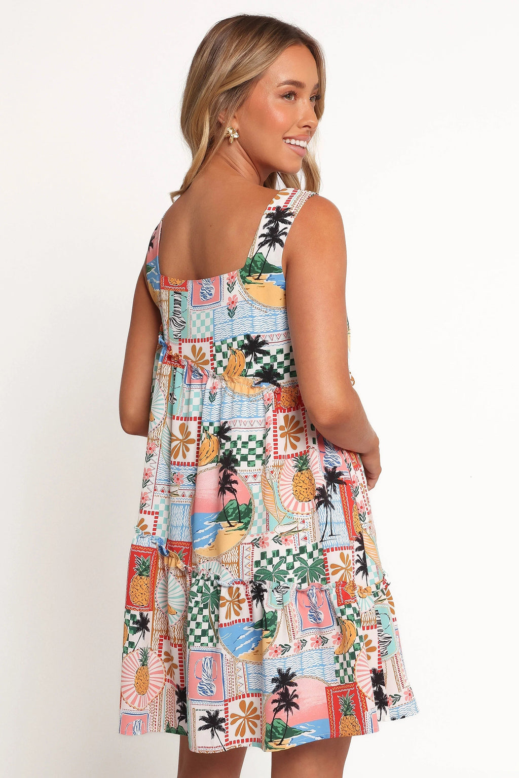 Square-Neck Tropical Print Mini Dress