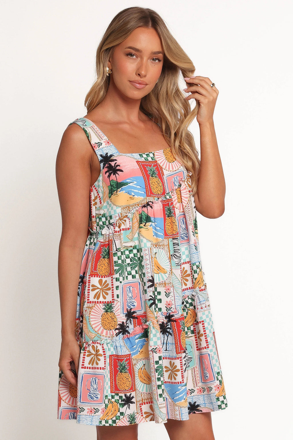 Square-Neck Tropical Print Mini Dress